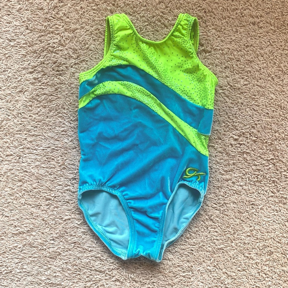 ❣️sold❣️GK Elite CM Leotard | VELVETY Soft Blue & Bright Yellow w Sparkly Stars